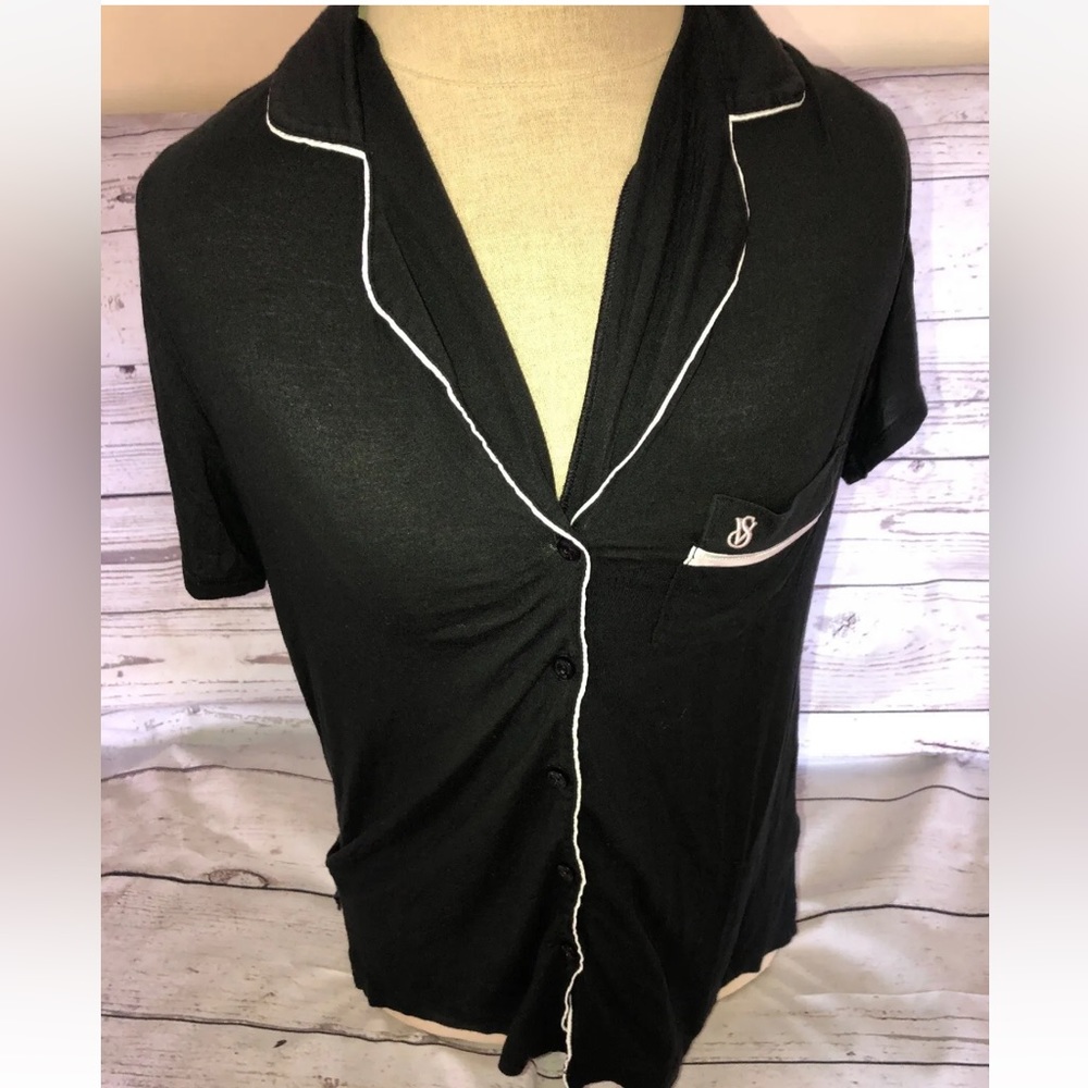 Victorias Secret Sleep Shirt Top Only Short Sleeve Soft Button Up Size XS BLack